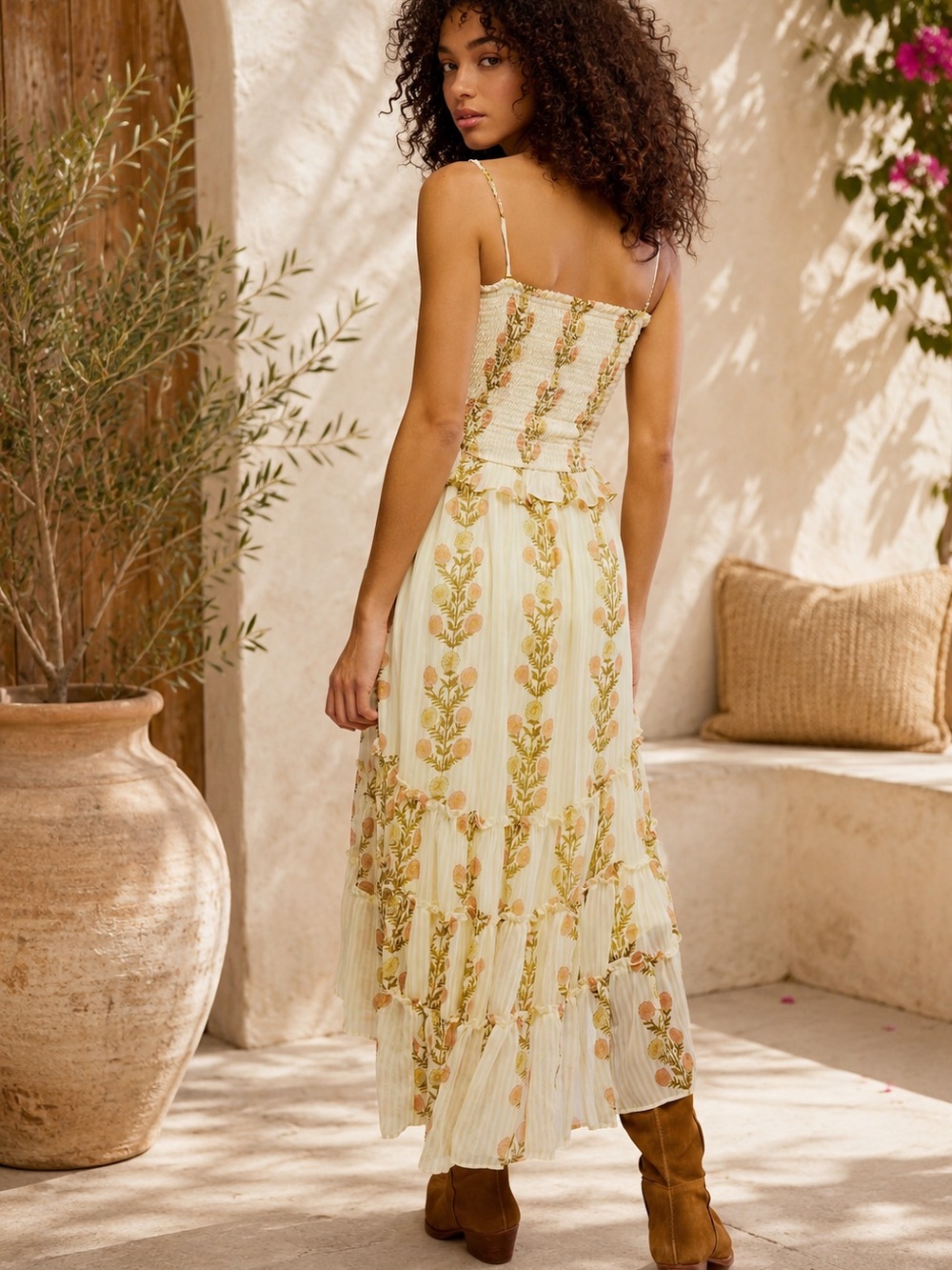 Free People Alejandra Smocked Bodice Tiered Midi Dress XS Cloud Combo - Picture 4 of 6